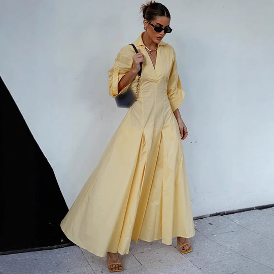 Damen Hemdblusenkleid mit elegantem V-Ausschnitt und weiten Ärmeln R&B
