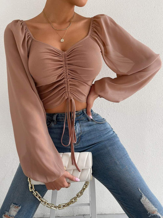 Damen Crop-Top mit strukturiertem Körper und eleganten Puffärmeln R&B