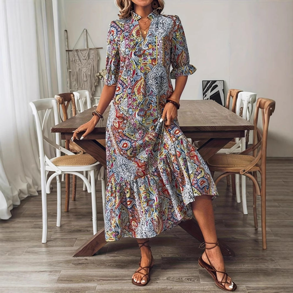 Damen Maxikleid mit buntem Paisley-Muster und modischem Volant R&B
