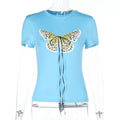 Damen Basic T-Shirt mit lR&Bendigem Schmetterlingsdruck und verstellbarem Kordelzug R&B