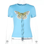 Damen Basic T-Shirt mit lR&Bendigem Schmetterlingsdruck und verstellbarem Kordelzug R&B