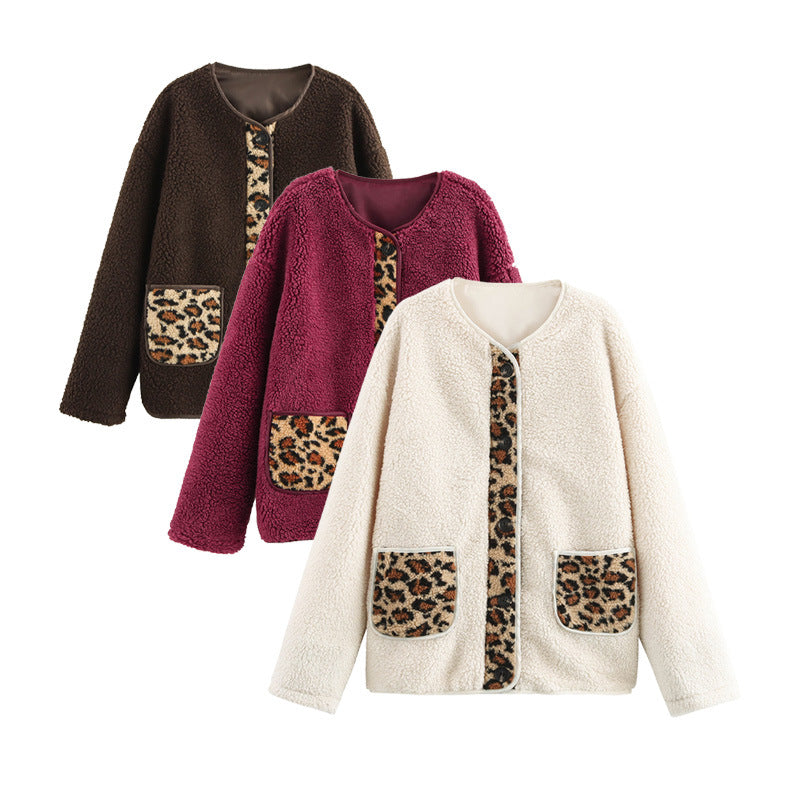 Damen kuschelige Teddyjacke mit tierischem Muster und praktischen Pattentaschen R&B