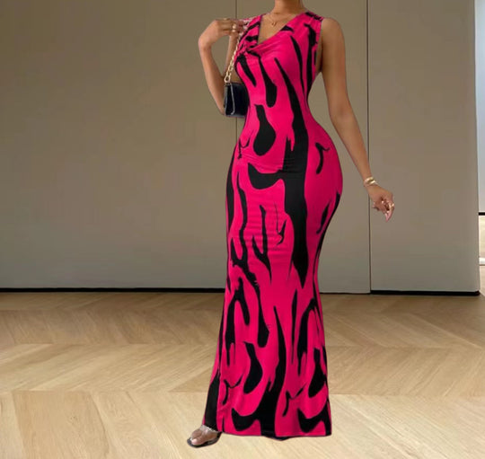 Damen elegantes Maxikleid mit figurbetontem Schnitt und trendigem Muster R&B