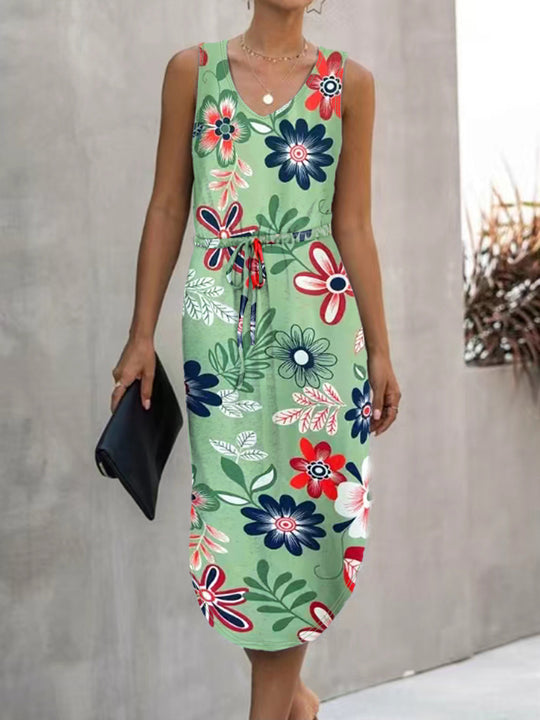 Damen Blumenmaxikleid mit elastischem Taillenkordelzug und seitlichem Schlitz R&B