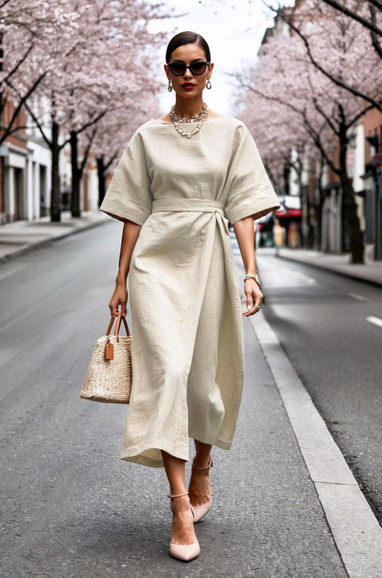 Damen elegantes Midikleid mit breitem Taillengürtel und weiten Ärmeln R&B