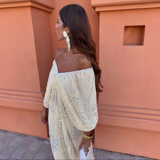 Damen Maxikleid mit voluminösen Puffärmeln und floralem Strassdesign R&B