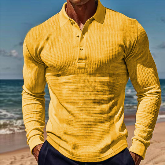 Herren Langarm-Henley-Shirt aus atmungsaktivem Strukturmaterial mit dekorativen Knöpfen R&B