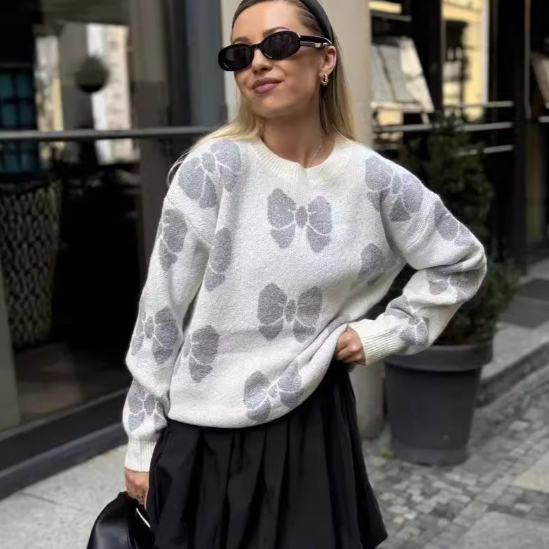 Damen Strickpullover mit floralem Muster und elegantem Rundhalsausschnitt R&B