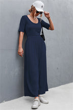 Damen Jumpsuit mit weitem Bein und elegantem Rundhalsausschnitt R&B