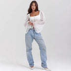 Damen Cropped Bluse mit Puffärmeln R&B