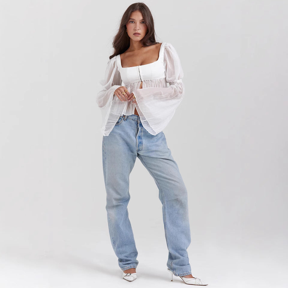 Damen Cropped Bluse mit Puffärmeln R&B