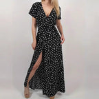 Damen Maxikleid mit Polka-Dots und verstellbarem Taillengürtel R&B