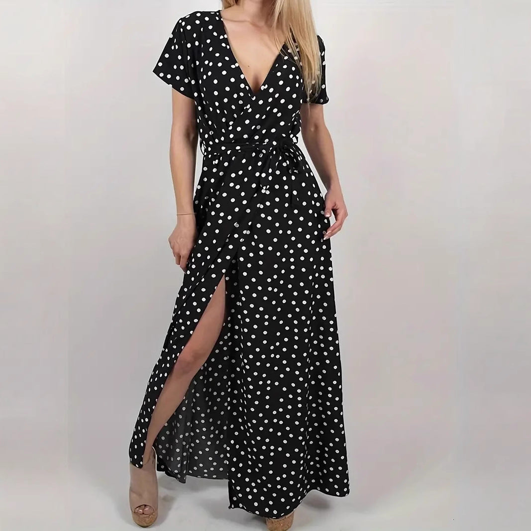 Damen Maxikleid mit Polka-Dots und verstellbarem Taillengürtel R&B