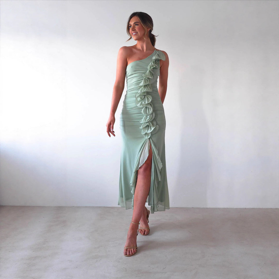Damen Elegantes Rüschen-Maxi-Kleid im Stile einer Seite mit hohem Schlitz R&B