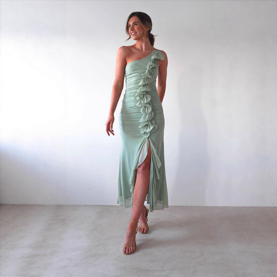 Damen Elegantes Rüschen-Maxi-Kleid im Stile einer Seite mit hohem Schlitz R&B