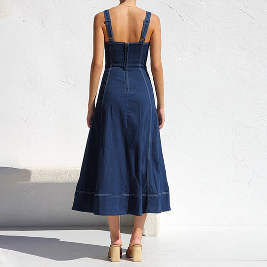 Damen langes Jeanskleid mit Knopfleiste und praktischen Taschen R&B