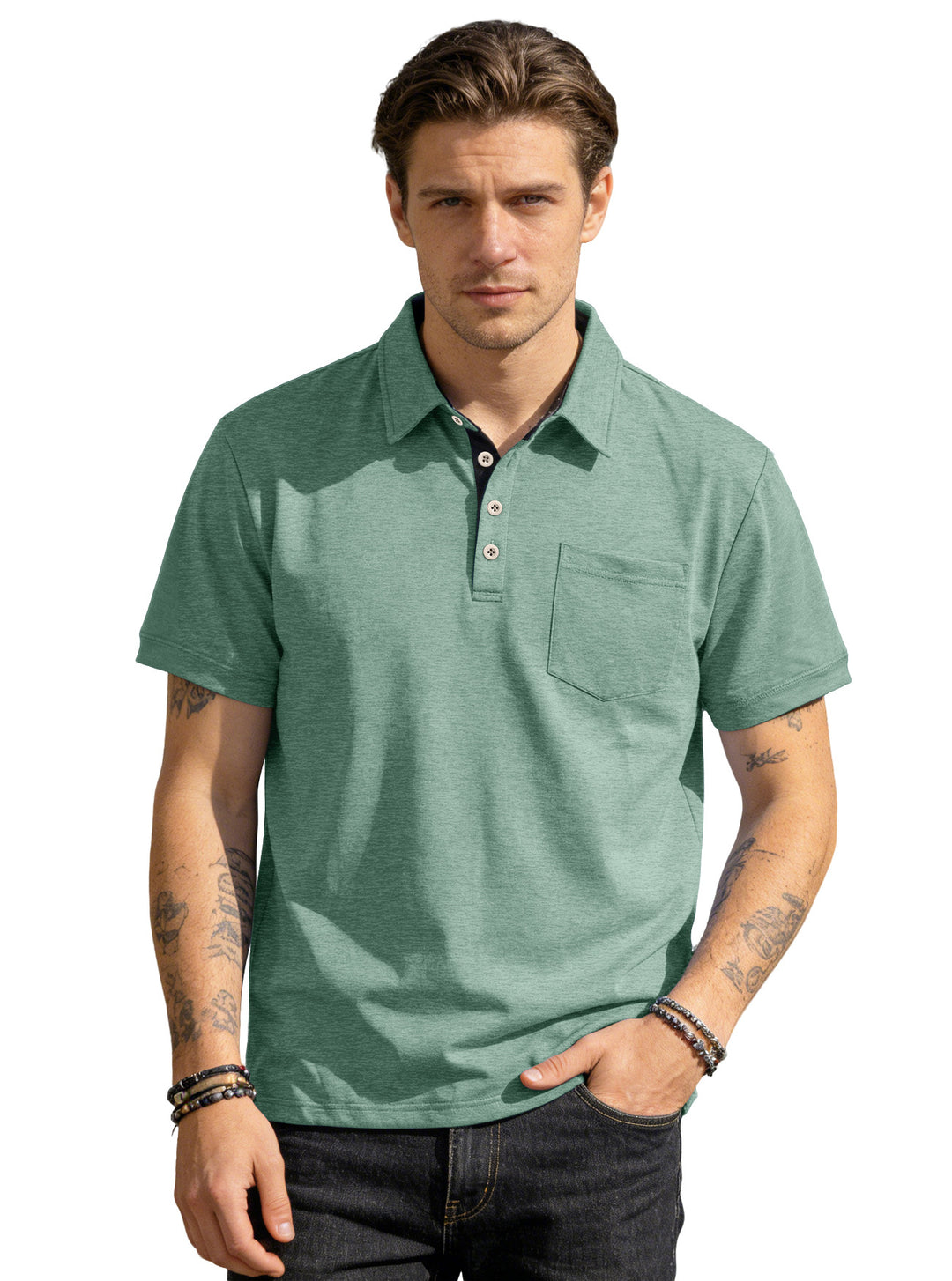 Herren nan Kurzarm-Polokragen-Shirt aus texturiertem Jersey mit Brusttasche und kontrastierter Knopfleiste R&B
