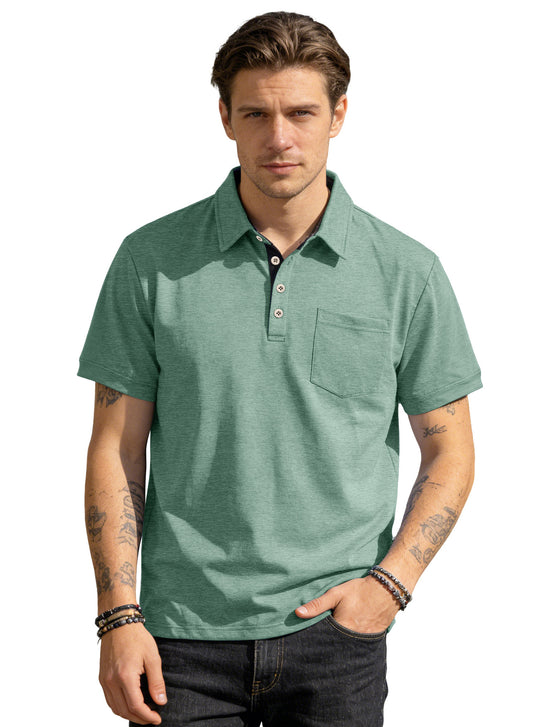 Herren nan Kurzarm-Polokragen-Shirt aus texturiertem Jersey mit Brusttasche und kontrastierter Knopfleiste R&B