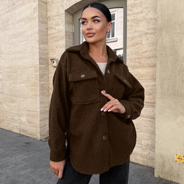 Damen Flauschige Utility-Jacke mit großen Taschen und Knopfdetails R&B