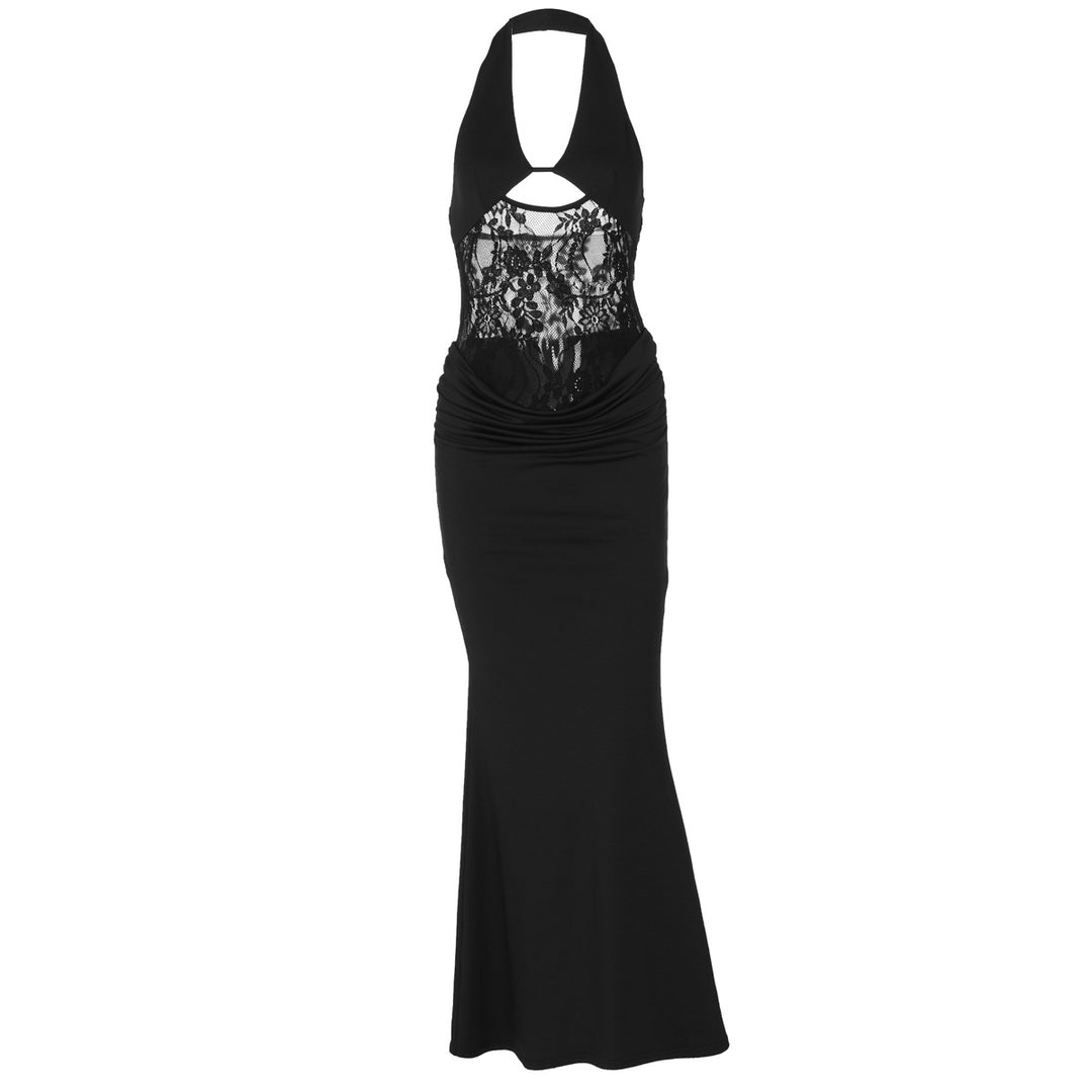 Damen Elegantes Maxikleid mit Halterneck, Spitzenverzierung und figurbetontem Schnitt R&B