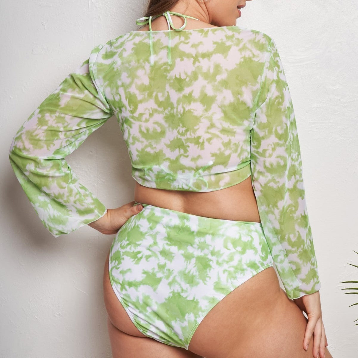 Damen Crop Top Bikini-Set mit langärmligem Oberteil und hochgeschnittenem Höschen R&B