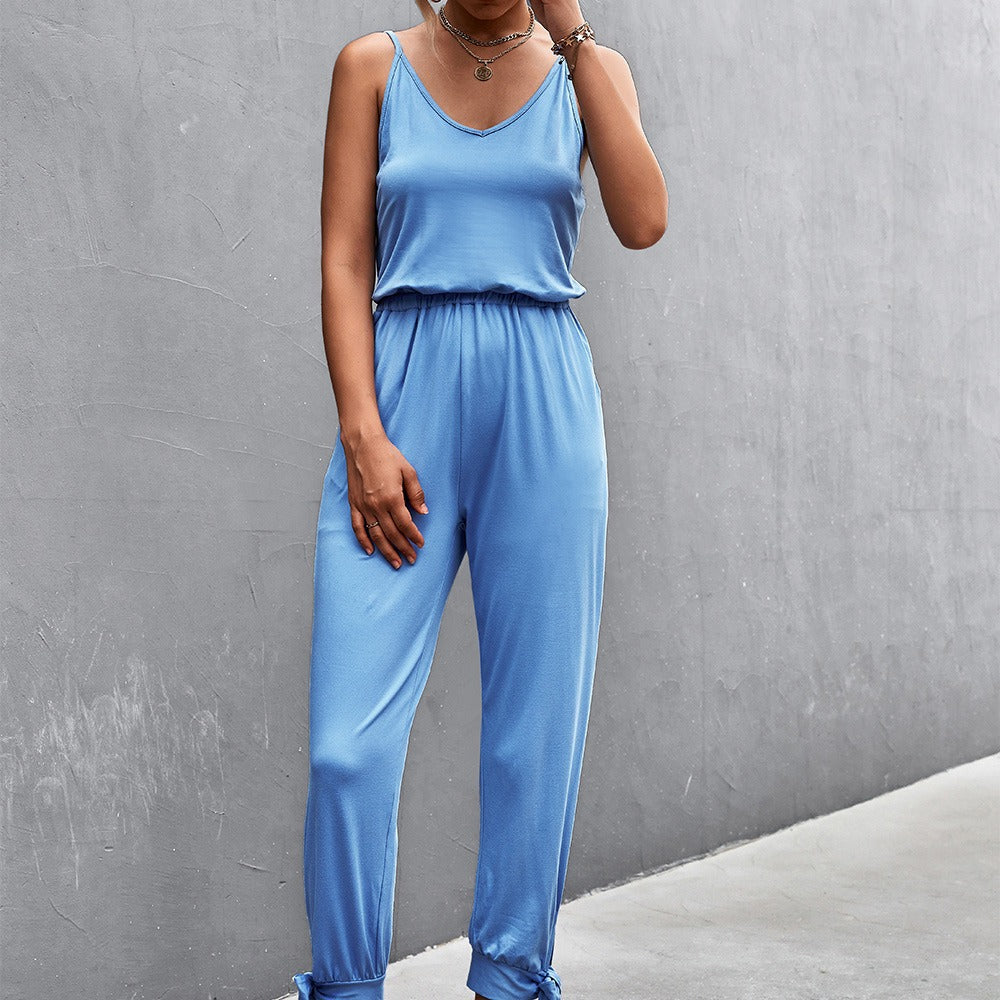 Damen Lässiger Jumpsuit mit verstellbaren Spaghetti-Trägern und elastischem Bund R&B