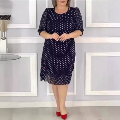 Damen nan Chiffon-Midikleid mit Pünktchenmuster, halblangen Puffärmeln, seitlicher Blumenstickerei und gerafftem Volantsaum R&B