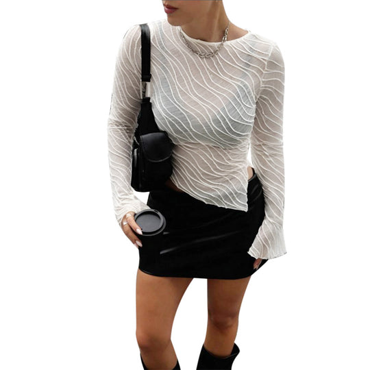 Damen Elegantes Langarm Transparenttop mit strukturiertem Design R&B