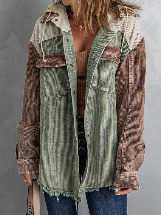 R&B | Jacke mit Kapuze Oversized Fit Cord-Textur Knopfverschluss Fransenrand