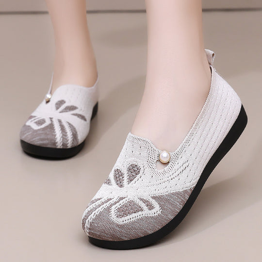 Damen Bequeme Slipper mit dekorativem Strickmuster und Perlenverzierung R&B