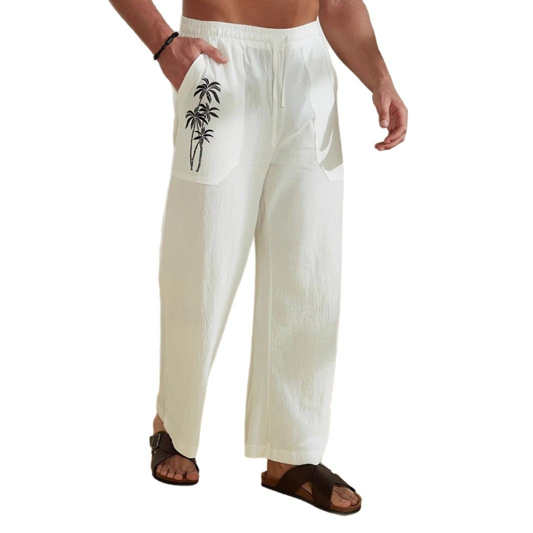 Herren lässige Leinen-Relax-Hose mit palmenmotivierten Taschen