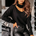 Damen eleganter Pullover mit hochwertigem Halsausschnitt und schicken Druckknöpfen R&B