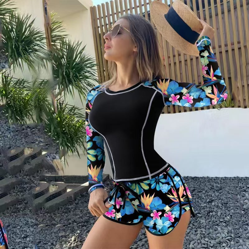 Damen Sportlicher Langarm-Schwimmanzug mit floralem Design und Shorts R&B