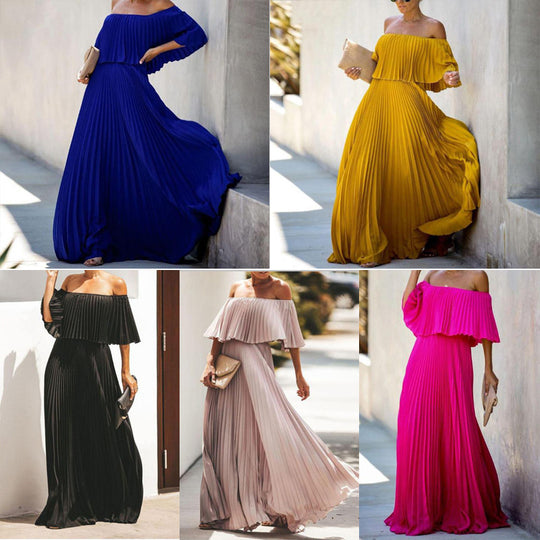 Damen Maxikleid mit asymmetrischem Plisseefall und schulterfreiem Design R&B