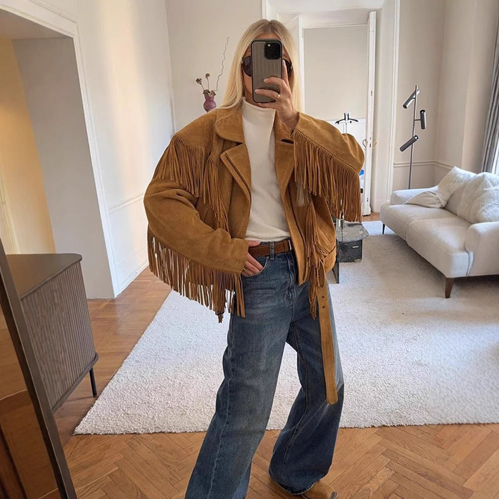 Damen Wildlederjacke mit fransigen Details und taillierbarem Gürtel R&B
