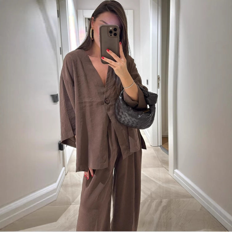 Damen Set aus eleganter Bluse mit V-Ausschnitt und weit geschnittenen Palazzo-Hosen R&B