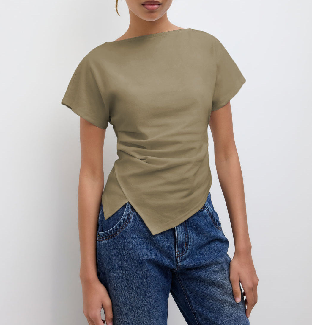 Damen Cropped T-Shirt mit asymmetrischem Schnitt und dekorativem Drapierungseffekt R&B