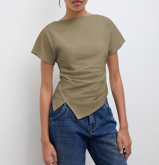 Damen Cropped T-Shirt mit asymmetrischem Schnitt und dekorativem Drapierungseffekt R&B