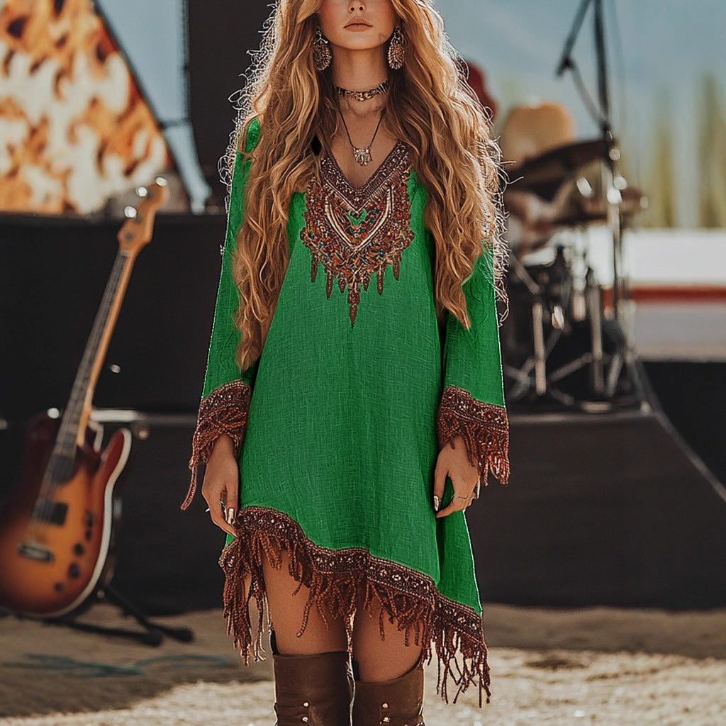 Damen Festival-Kleid mit kunstvollem Stickdesign und Fransen R&B