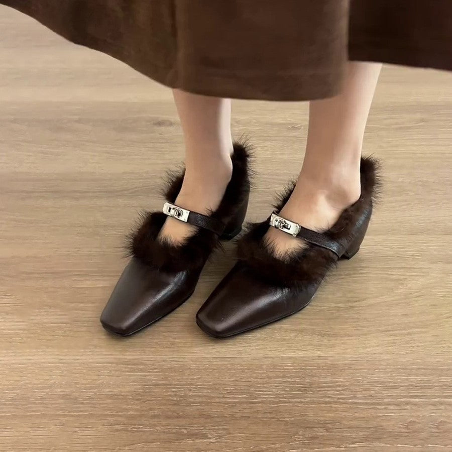 Damen elegante Stiefeletten mit luxuriösem Fellbesatz und modischem Riemen R&B