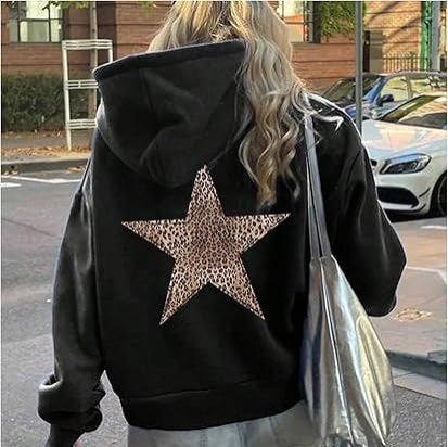 Damen lässiger Kapuzenpullover mit leopardem Muster auf Stern R&B