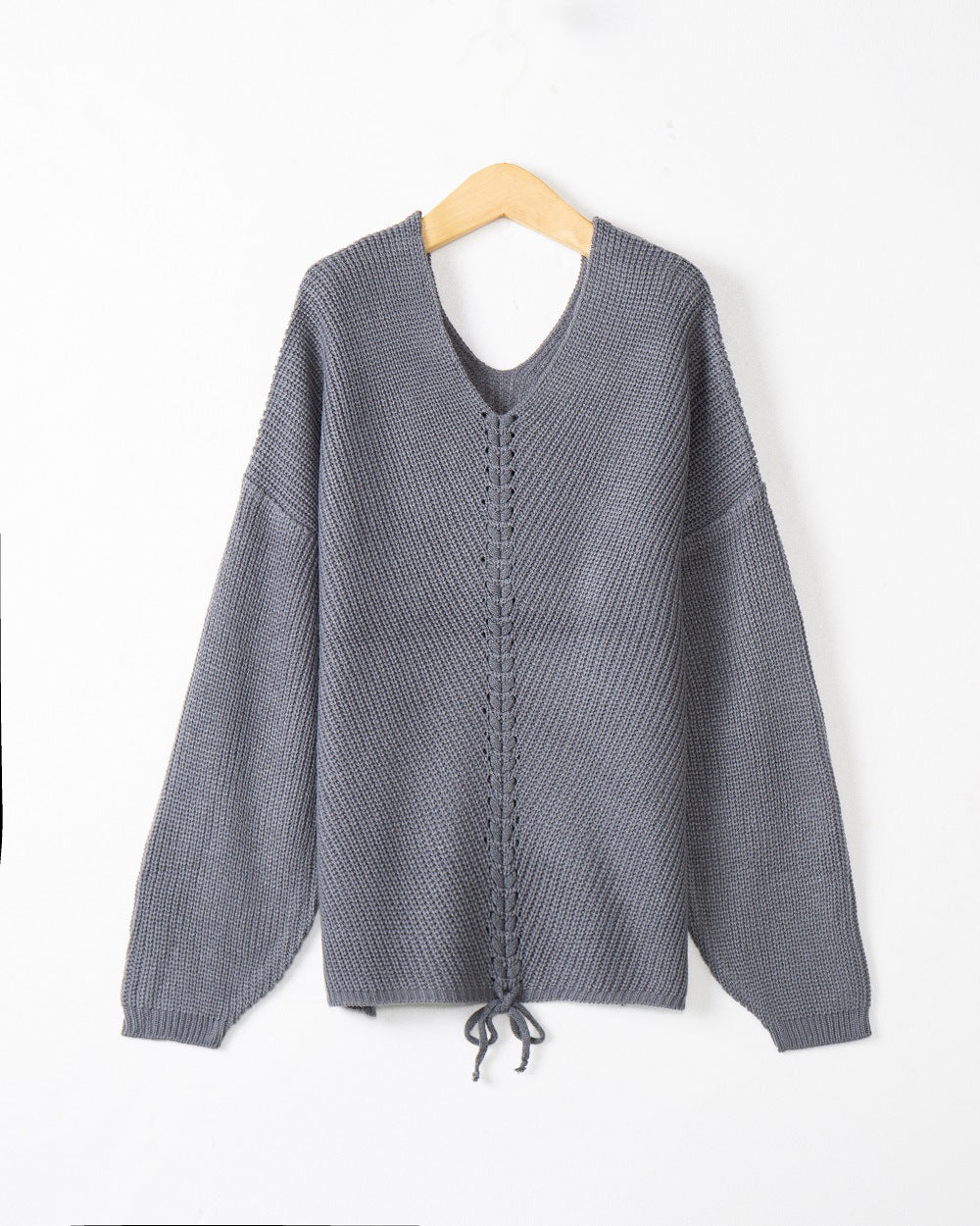 Damen Grobstrick Pullover mit attraktivem V-Ausschnitt und praktischen Kordeldetails R&B