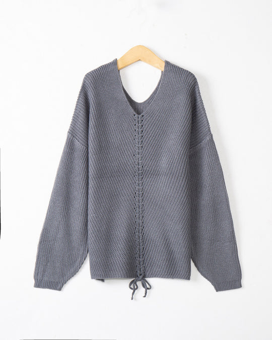 Damen Grobstrick Pullover mit attraktivem V-Ausschnitt und praktischen Kordeldetails R&B