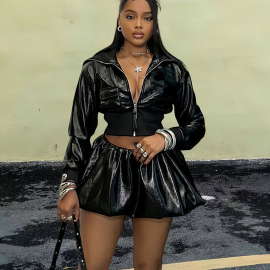 Damen Kurzjacke mit glänzendem Finish und elastischem Bund R&B
