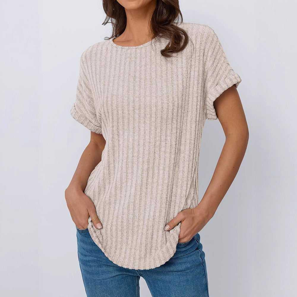 Damen lässiges T-Shirt im Ripp-Design mit umschlagenen Ärmeln R&B