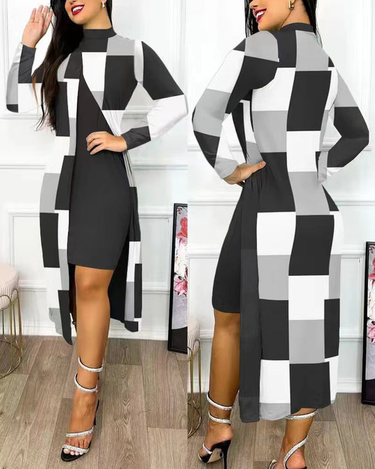 Damen elegantes Maxikleid mit asymmetrischem Schnitt und Grafischem Muster R&B