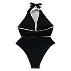Damen Eleganter Hochgeschnittener Badeanzug mit floraler Applikation und tiefem V-Ausschnitt R&B