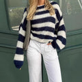 Damen Strickpullover mit breitem Streifenmuster und voluminösen Ärmeln R&B