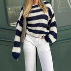 Damen Strickpullover mit breitem Streifenmuster und voluminösen Ärmeln R&B