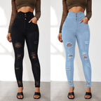 Damen Hochtaillierte Skinny Jeans mit modischen Rissen und eleganter Knopfleiste R&B